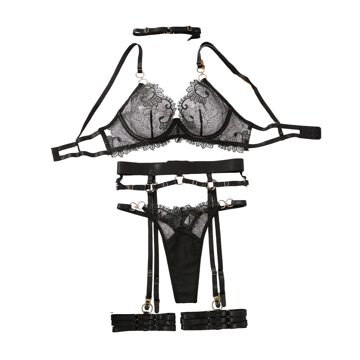 House Of Dasein Female Deep V-Belt Lingerie Set With Steel Ring Sexy Low Cut Seductive Bra - Black - M