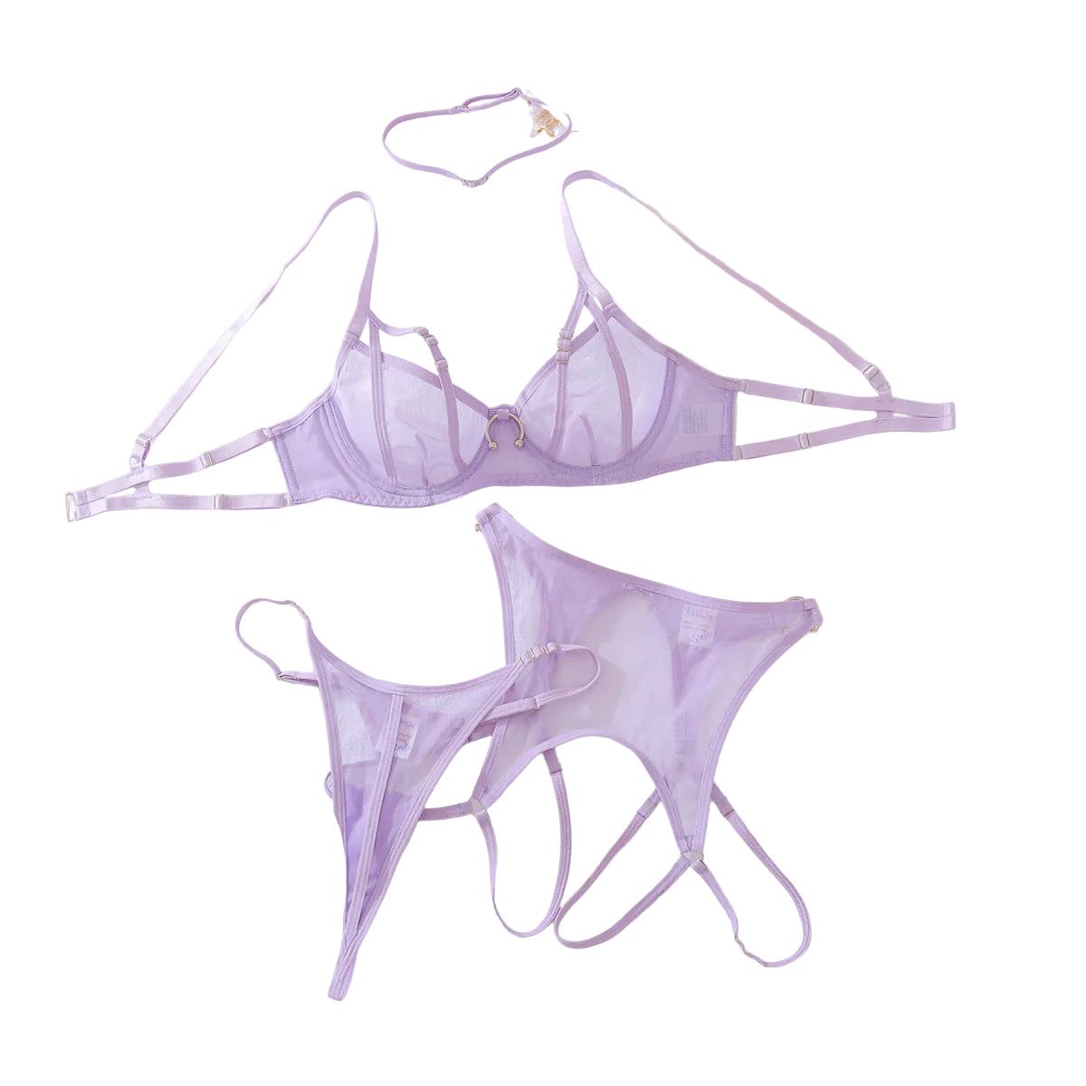 House Of Dasein Purple Spicy Girl Perspective Bra Set Erotic Lingerie Underwear Four Piece - Purple - S