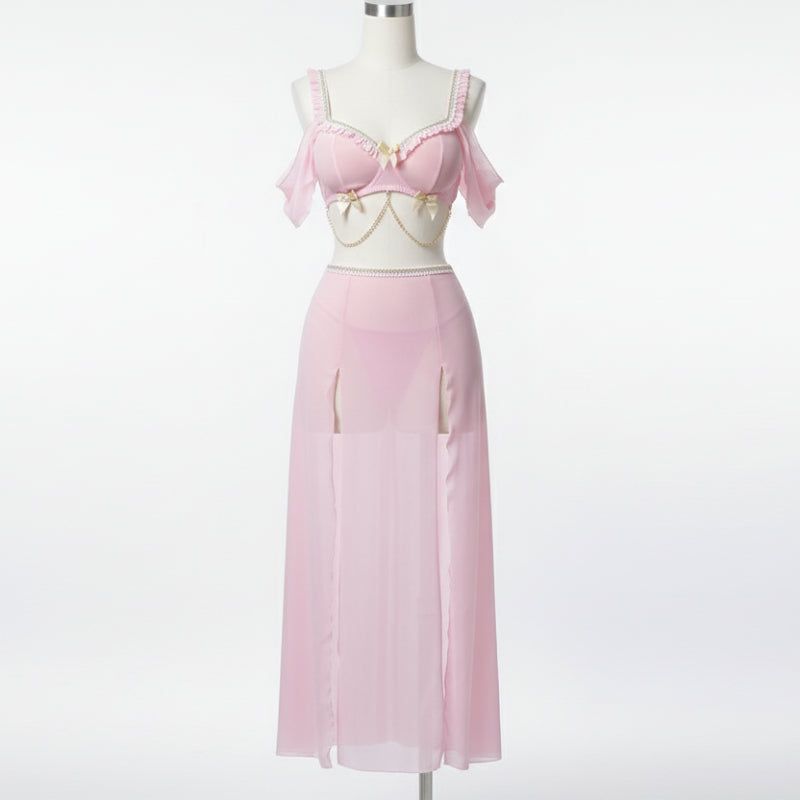 House Of Dasein Sexy Bow Chain Strap Pure Desire High Slit Dress Lingerie Set - Pink - S