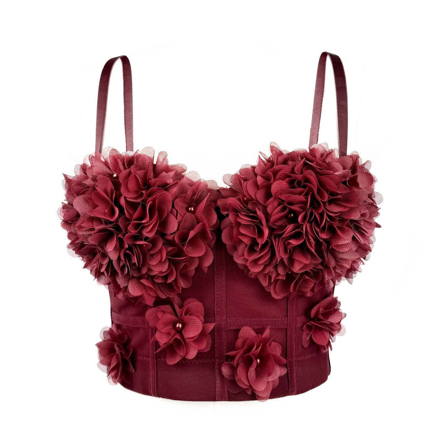 House Of Dasein French Mesh See Through Fishbone Corset With Chest Cushion Three Dimensional Flower Shaped Outerwear Beautiful Back - Red - 36B/80