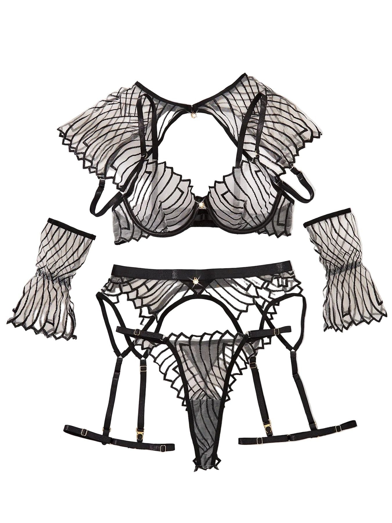 New Perspective Design Embroidered Shawl Garter Belt Sexy Underwear Six Piece Set - Black Skin Color - L