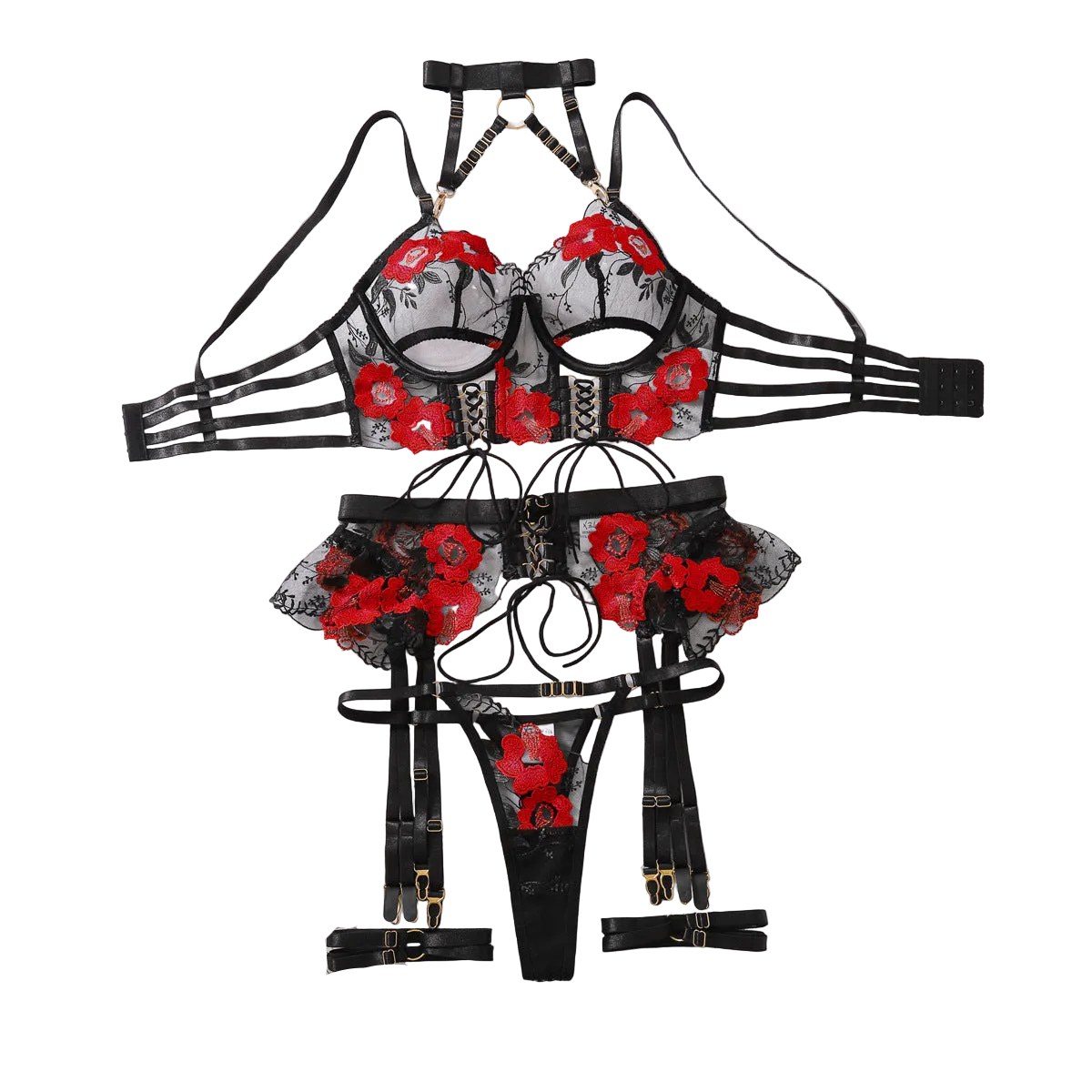House Of Dasein Sexy Lingerie Embroidery Flower Tie Cross Hollow Perspective Five Piece Set - Black And Red - M