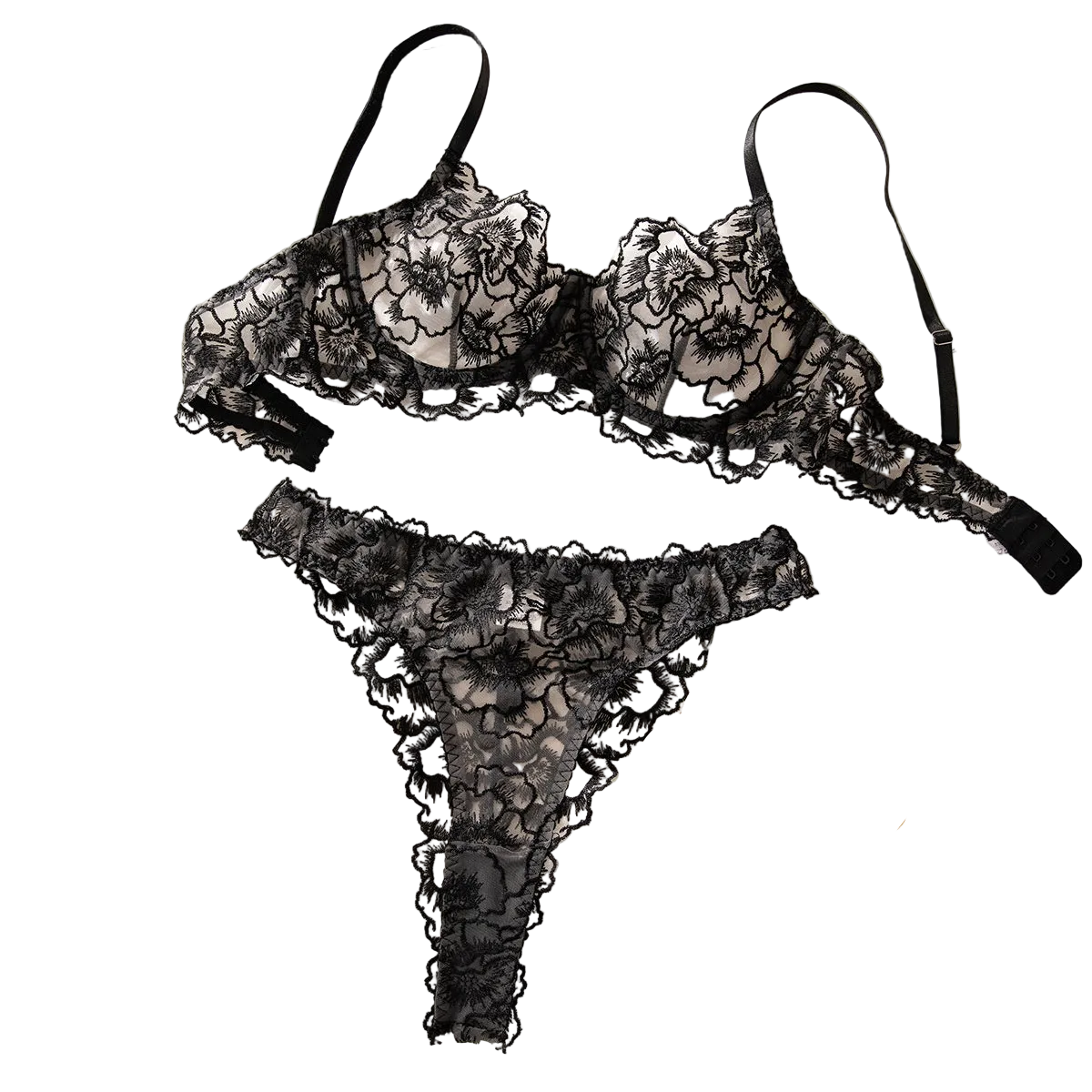 House Of Dasein Black Embroidered Lace Thin Transparent Underwire Bra Sexy Lingerie Women's Set - Black - M