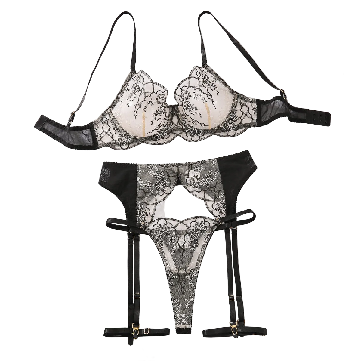 House Of Dasein Steel Ring Gathering Bra Set Mesh Splicing Embroidery Lace Sexy Lingerie Four Piece - Black Skin Color - M