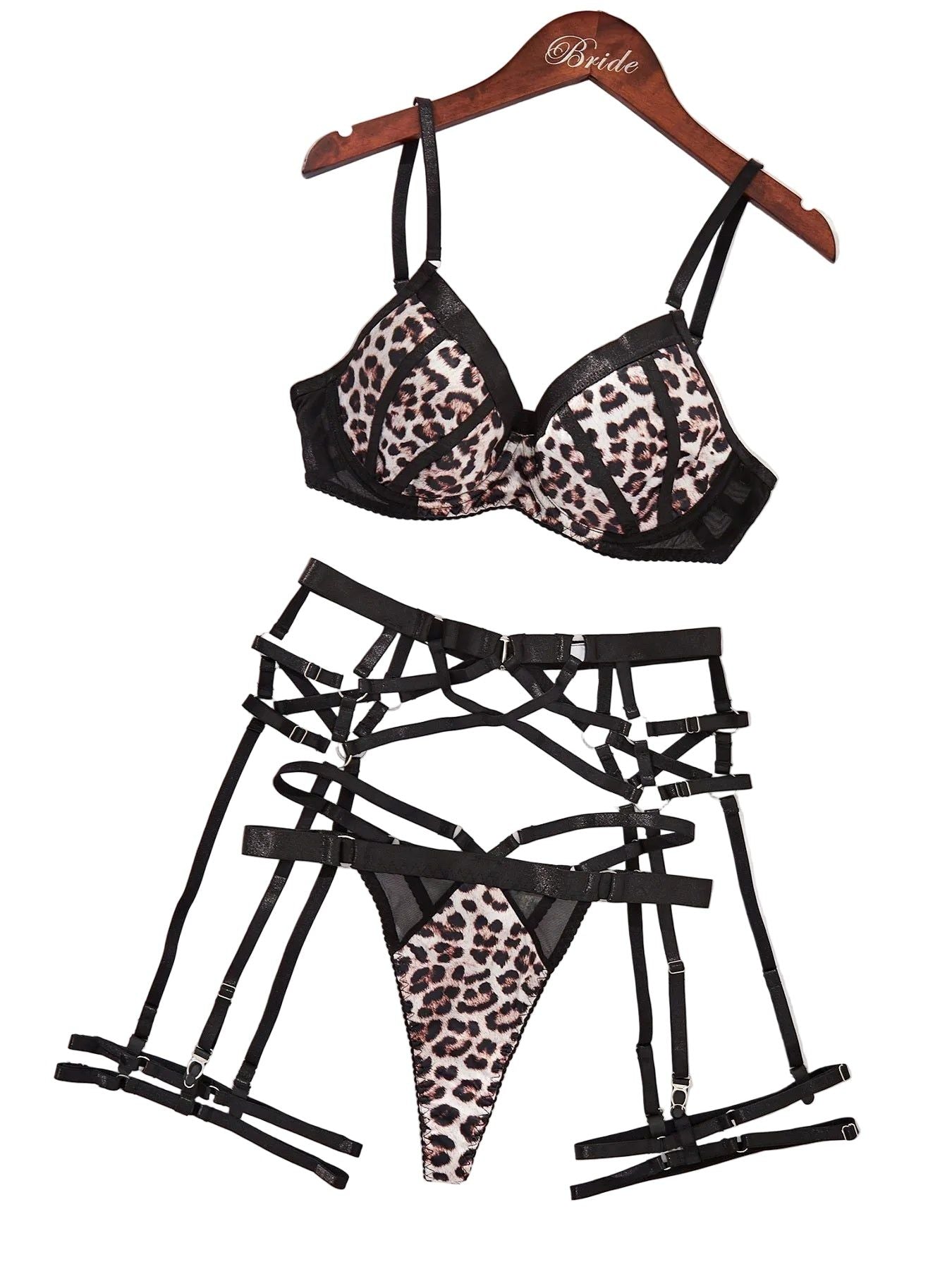House Of Dasein Sexy Bra Set With Leopard Pattern Splicing 4 Piece - M