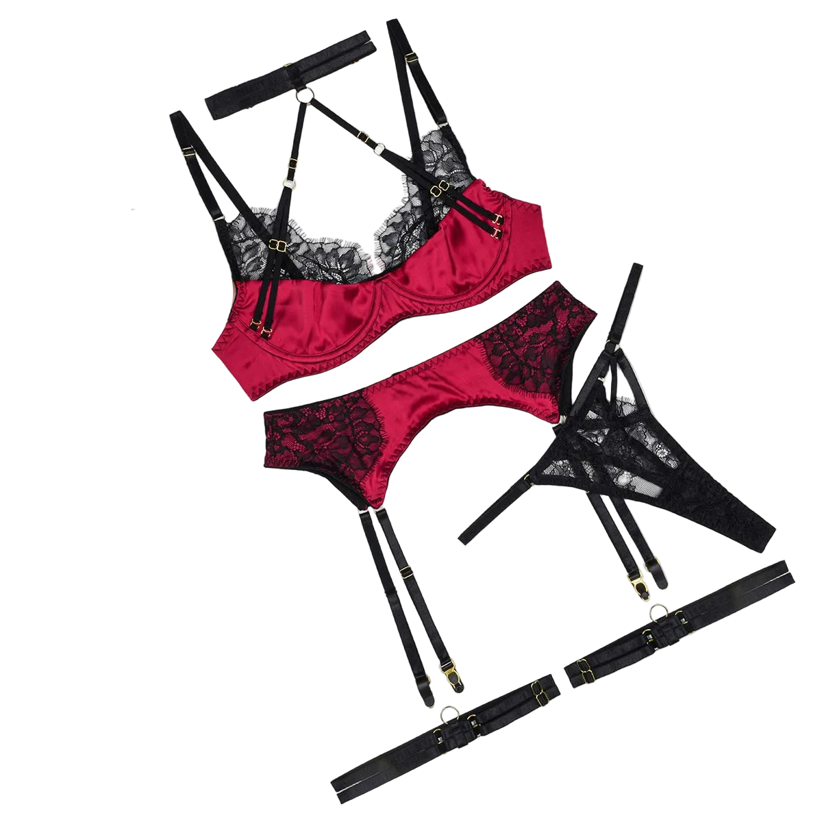 House Of Dasein Sexy Set Embroidered Splicing Lace Body Shaping Underwear Four Piece - Black And Red - S