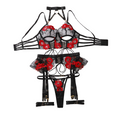 House Of Dasein Sexy Lingerie Embroidery Flower Tie Cross Hollow Perspective Five Piece Set - Black And Red - S