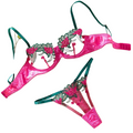 House Of Dasein Summer Mesh Floral Embroidery Sheer Underwire Gathered Bra Panty Sexy Lingerie Women's Set - Rose Red - S