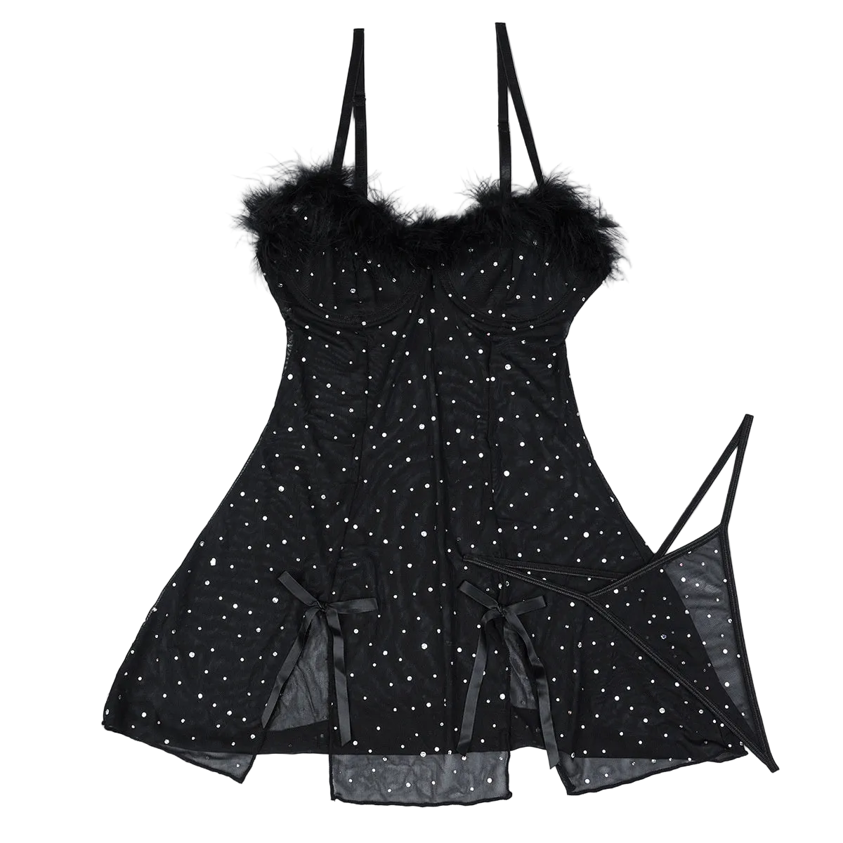 House Of Dasein Sexy Rhinestone Crystal Feather Splicing Sheer Mesh Slit Dress Two Piece Set For Women - Black - L