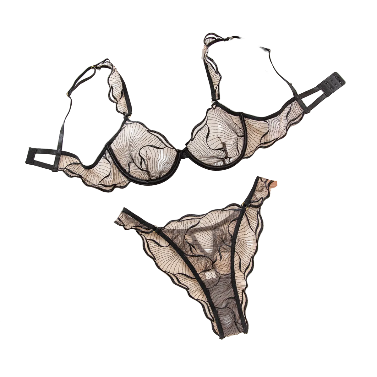 Underwear Sexy Thin Transparent Pure Desire Embroidery Large Chest Minimizer Push Up Bra And Panty Set - Black - Xl