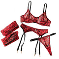 House Of Dasein Arrival Sexy Mesh Printed Leopard Pattern Transparent Push Up Set With Stockings - Red - S
