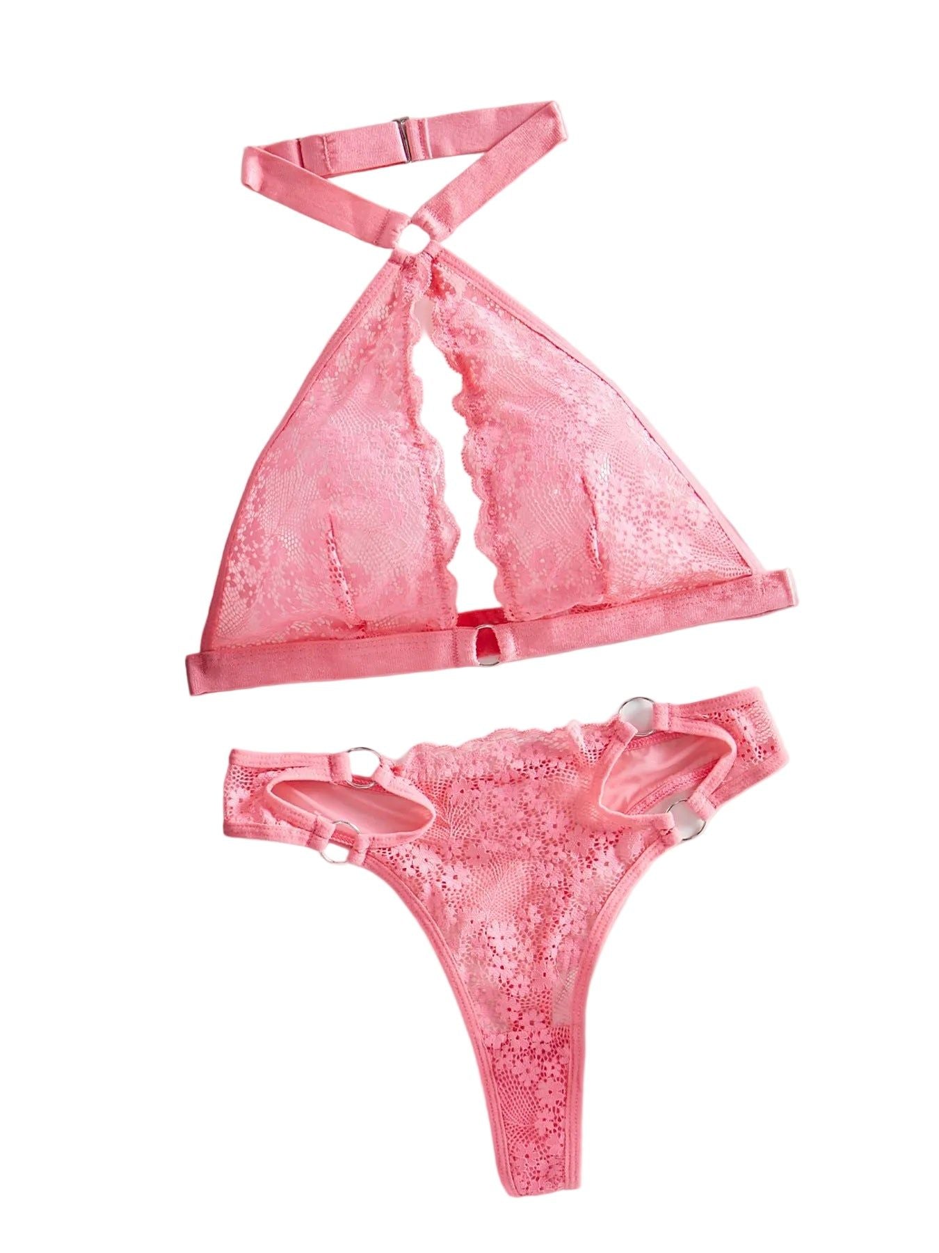House Of Dasein Backless Sexy Bra With Floral Lace Hanging Neck Triangular Cup Lingerie Two-Piece Set For Women Pink - Pink - L