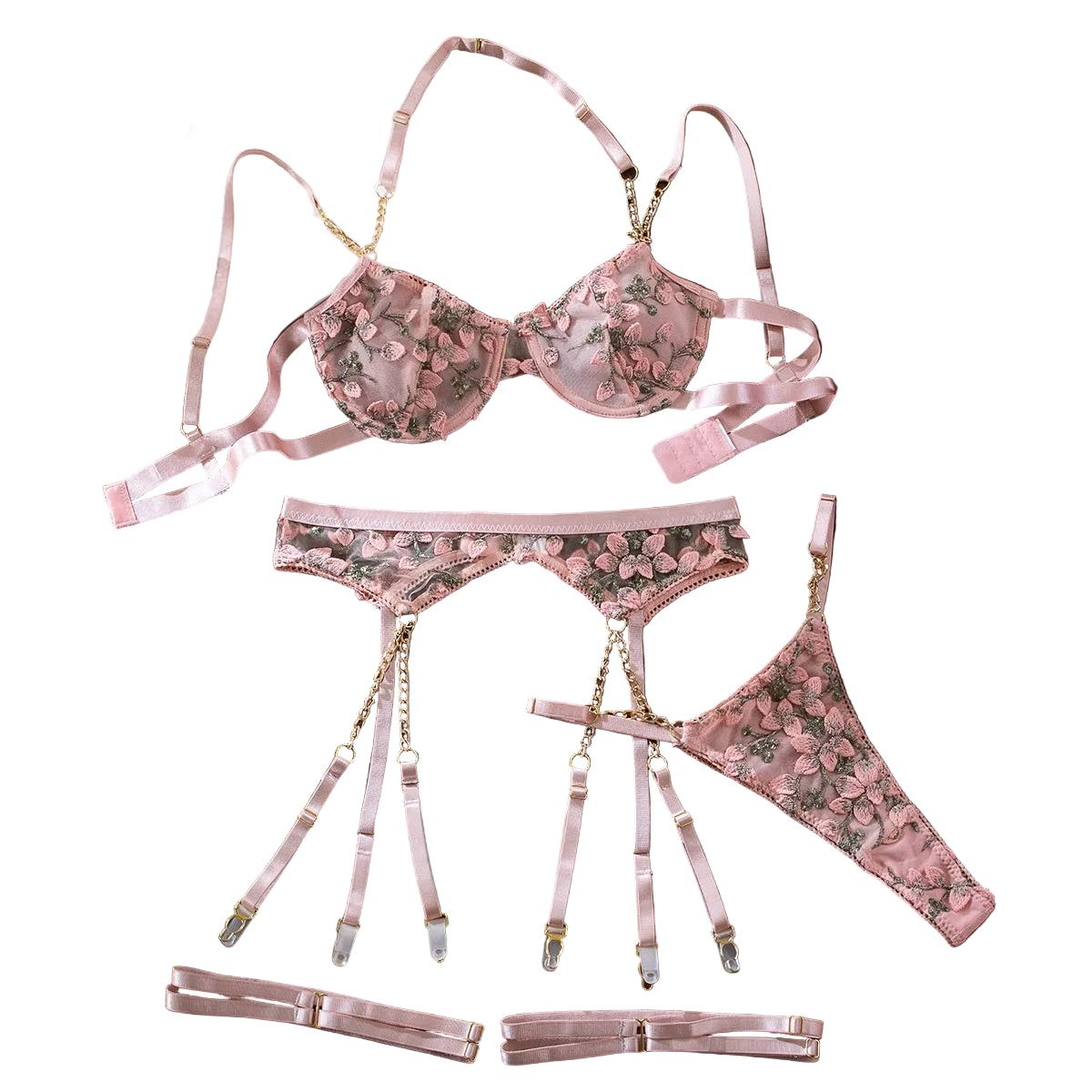 House Of Dasein Embroidered Floral Sheer Sexy Chain Bra Set - Pink - M