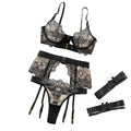 House Of Dasein Sexy Embroidered Complex Metal Buckle Lingerie Transparent Bra Front-Opening Four-Piece Set - L