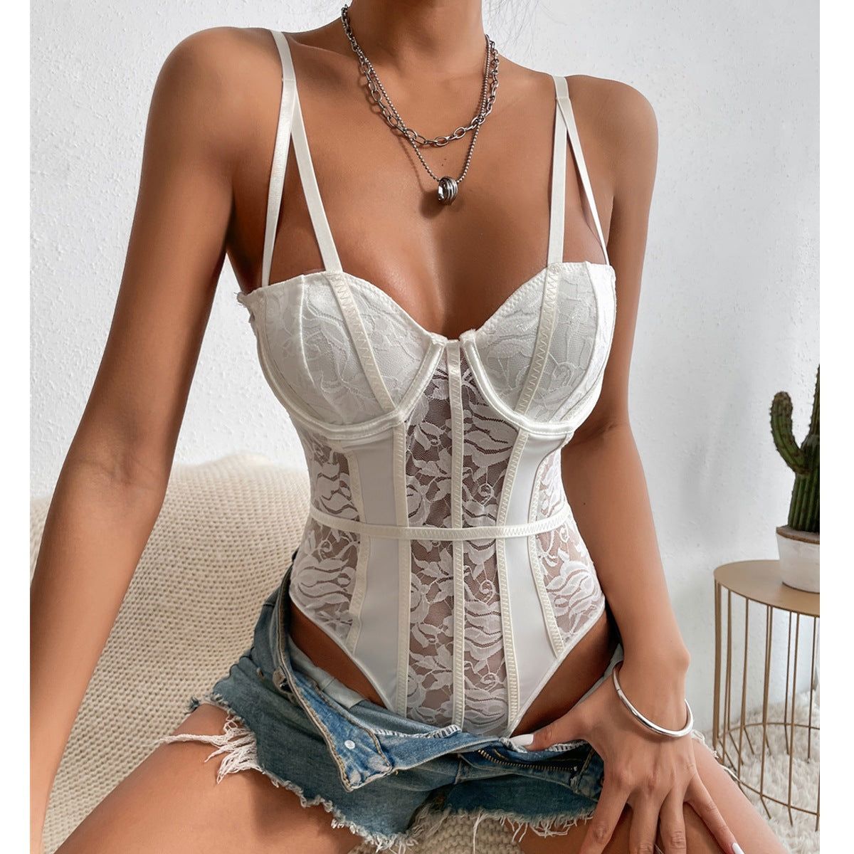 Sexy Lace Splicing Unique Street Style Jumpsuit - White - L