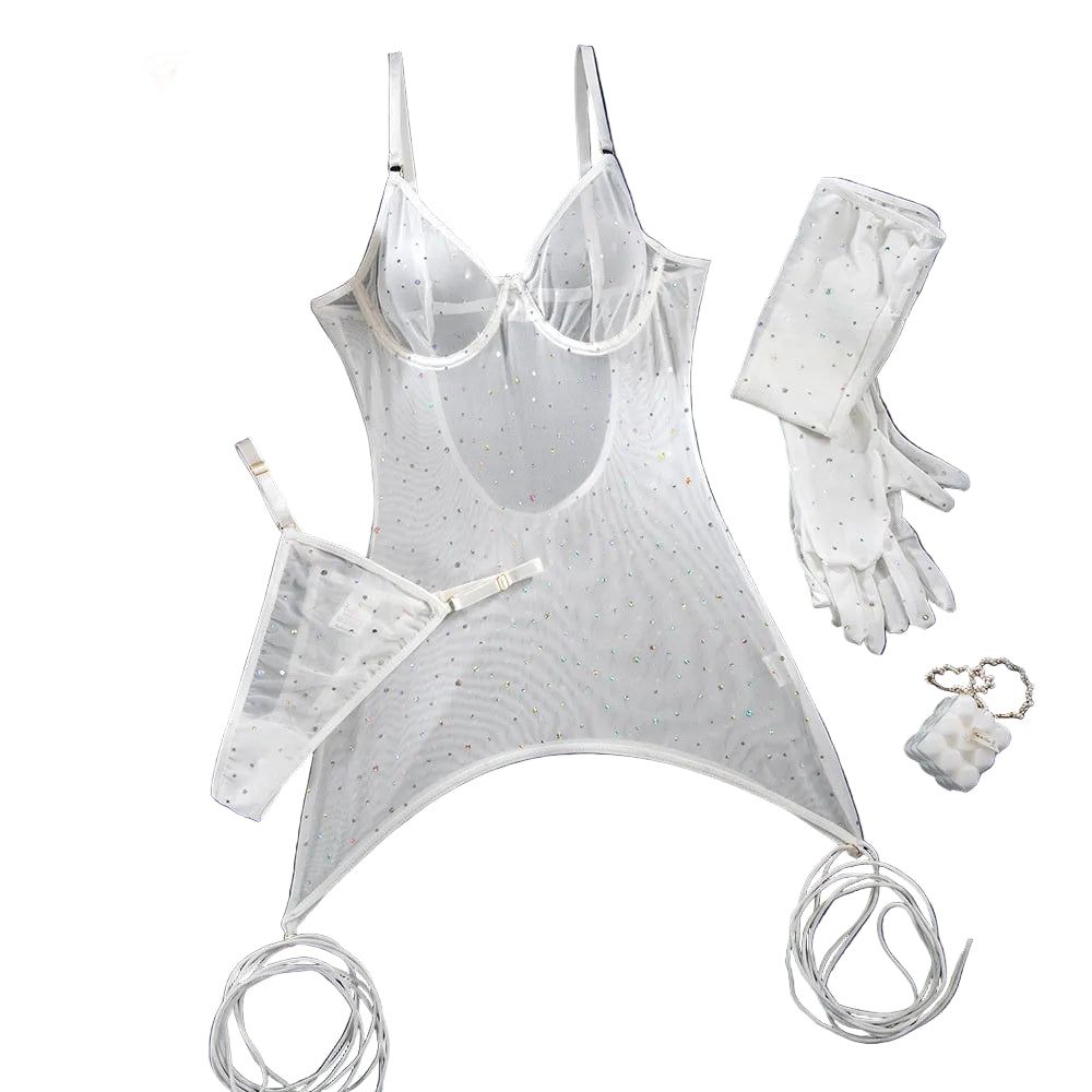 House Of Dasein Sequin Feature Women's Nightclub Style Push-Up Bra With Gloves And Wrist Straps Three-Piece Set - White Sequins - M