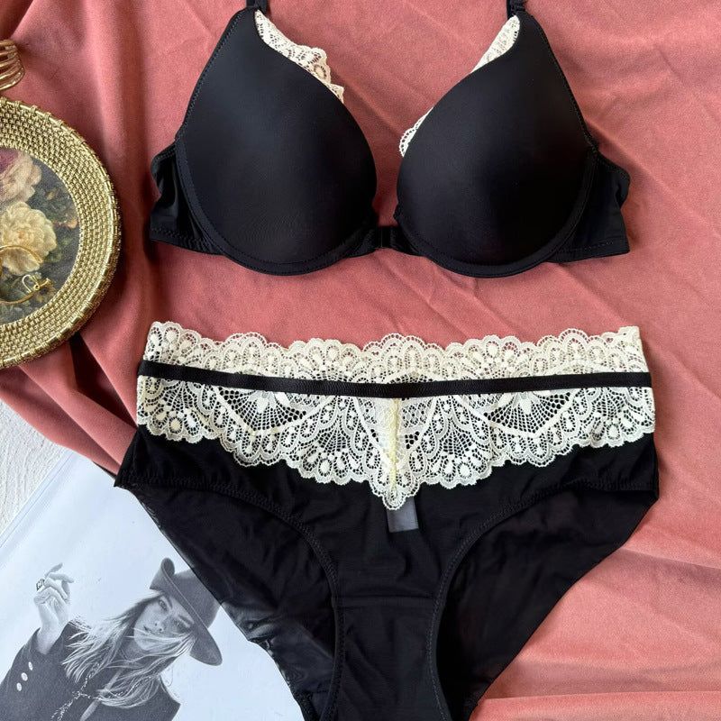 Sexy Women's Underwear Front Closure Backless Small Chest Gathering Bra Anti-Sagging Plus Size Lace Set - Black - Xl