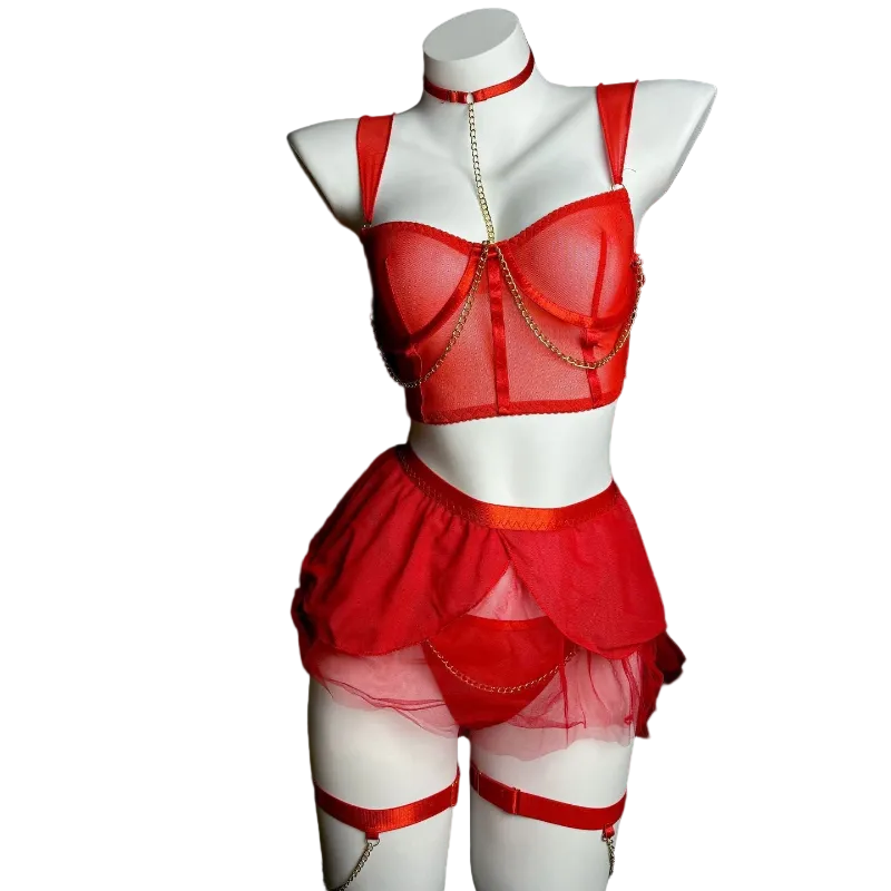 House Of Dasein Cross-Border Pure Desire Style Pink Sexy Transparent Mesh Skirt Uniform With Gloves Erotic Underwear Set - Red - M