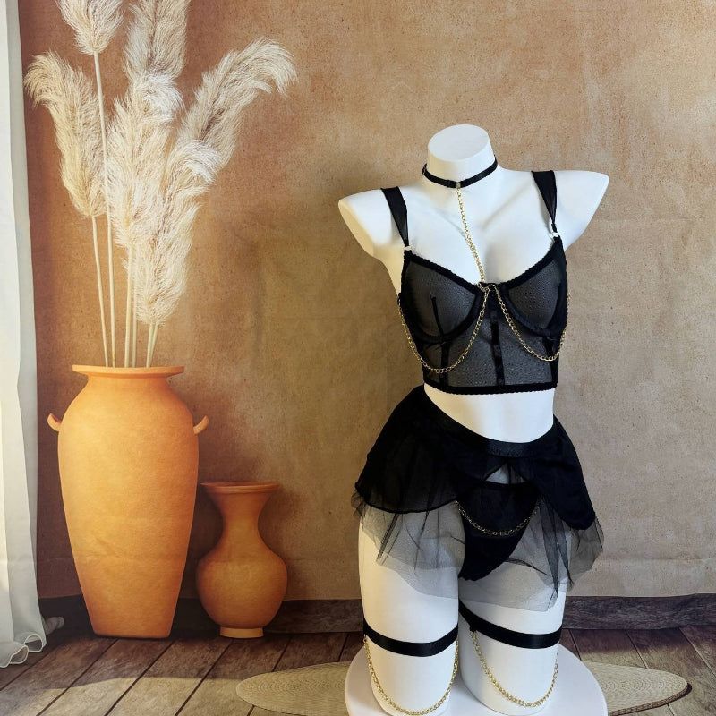 House Of Dasein Cross-Border Pure Desire Style Pink Sexy Transparent Mesh Skirt Uniform With Gloves Erotic Underwear Set - Black - Xs