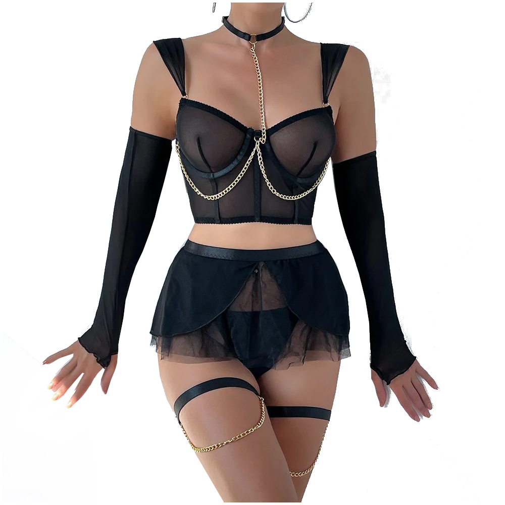 House Of Dasein Cross-Border Pure Desire Style Pink Sexy Transparent Mesh Skirt Uniform With Gloves Erotic Underwear Set - Black - Xs