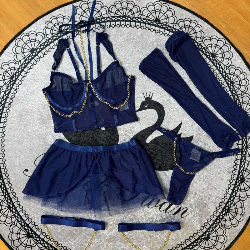 House Of Dasein Cross-Border Pure Desire Style Pink Sexy Transparent Mesh Skirt Uniform With Gloves Erotic Underwear Set - Navy Blue - Xl