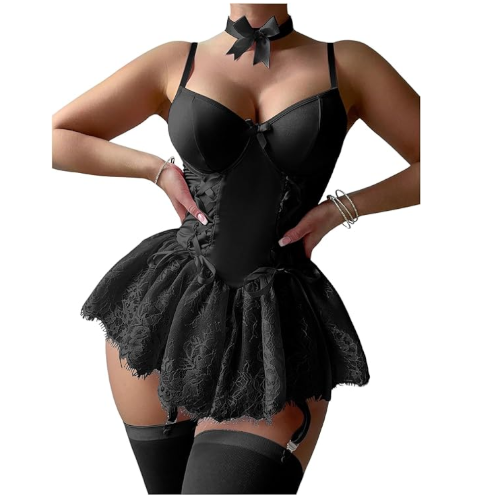 House Of Dasein Cross-Border Pure Desire Shapewear Jumpsuit With Suspender Stockings Set Erotic Lingerie Sexy Mesh Bow Suspenders Lace Dress - Black - S