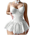 House Of Dasein Cross-Border Pure Desire Shapewear Jumpsuit With Suspender Stockings Set Erotic Lingerie Sexy Mesh Bow Suspenders Lace Dress - White - S