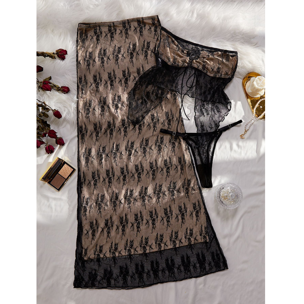 House Of Dasein Lace Embroidery Sexy Tie Strapless Floor Length Long Skirt Three Piece Set For Women - Black - M