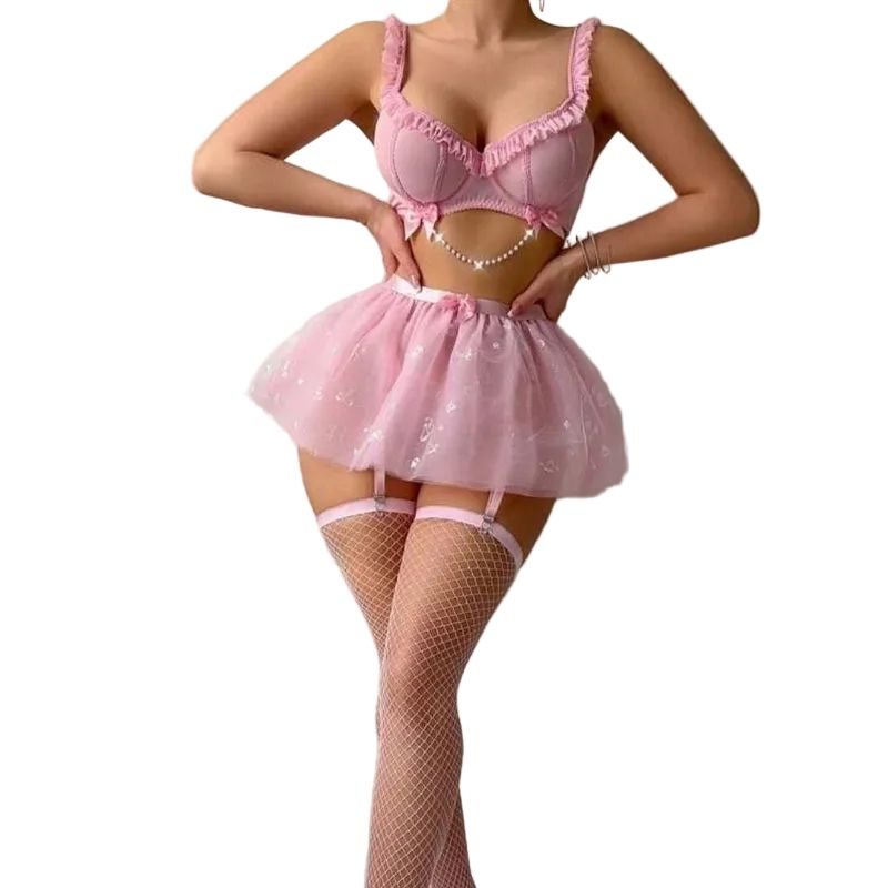 House Of Dasein Cross-Border Foreign Trade Fashion Simple Sexy Beaded Chain Transparent Mesh Pleated Lace Strap Lingerie Set - Pink - L