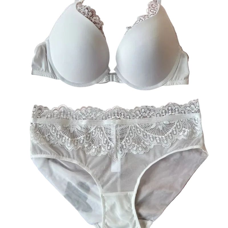 Sexy Women's Underwear Front Closure Backless Small Chest Gathering Bra Anti-Sagging Plus Size Lace Set - White - L