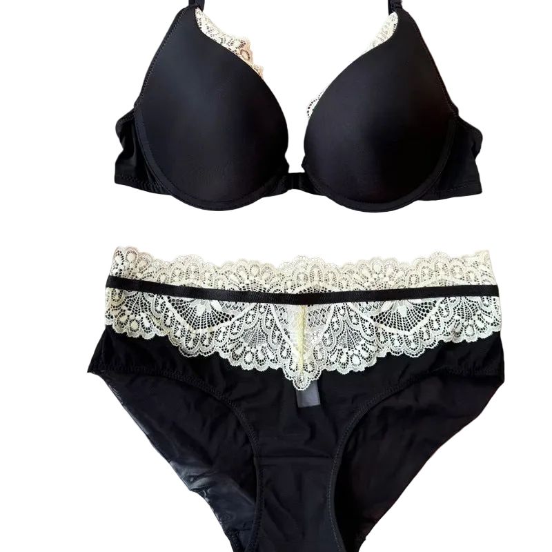 Sexy Women's Underwear Front Closure Backless Small Chest Gathering Bra Anti-Sagging Plus Size Lace Set - Black - S