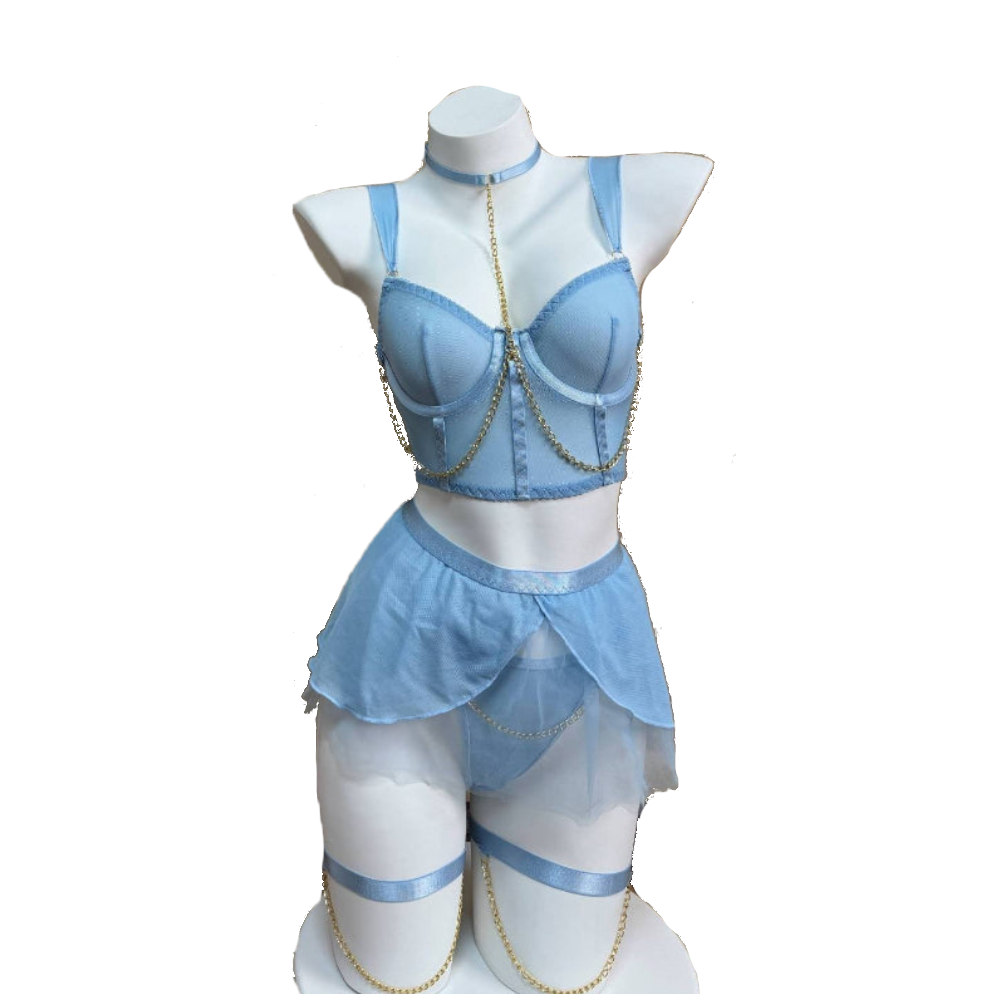 House Of Dasein Cross-Border Pure Desire Style Pink Sexy Transparent Mesh Skirt Uniform With Gloves Erotic Underwear Set - Light Blue - Xs