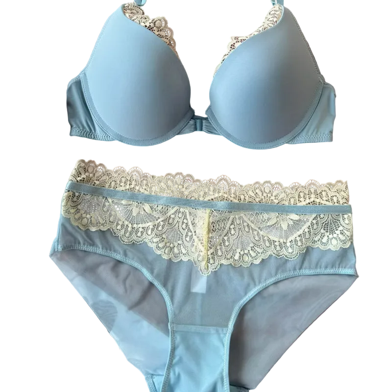 Sexy Women's Underwear Front Closure Backless Small Chest Gathering Bra Anti-Sagging Plus Size Lace Set - Sky Blue - Xxl