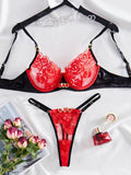 House Of Dasein Female Embroidered Sexy Underwear Set Red & Black Valentine's Day Collection - Black And Red - L