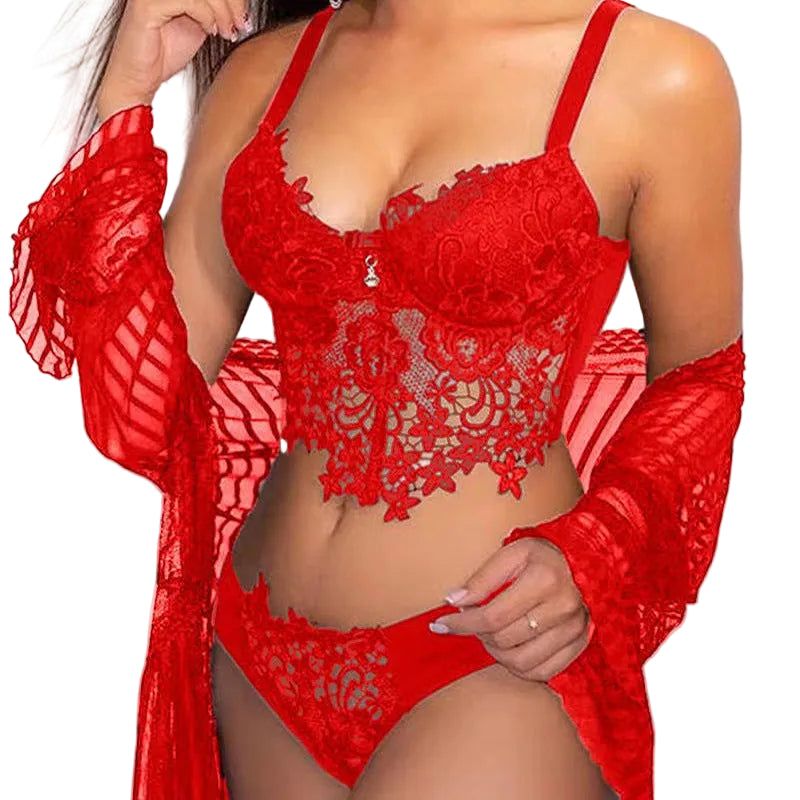 House Of Dasein Cross-Border Sexy Lingerie Seductive Three-Piece Transparent Backless Lace Trim Tempting Sleepwear Two-Piece Set - Red - Xl