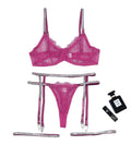 House Of Dasein Cross-Border Sexy Lingerie Lace Trim Rhinestone Transparent Thong Garter Belt Four-Piece Set - Deep Pink - S