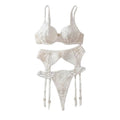 Embroidered Sexy Three-Point Style Erotic Lingerie Gathering Bra Piece Set - White - L
