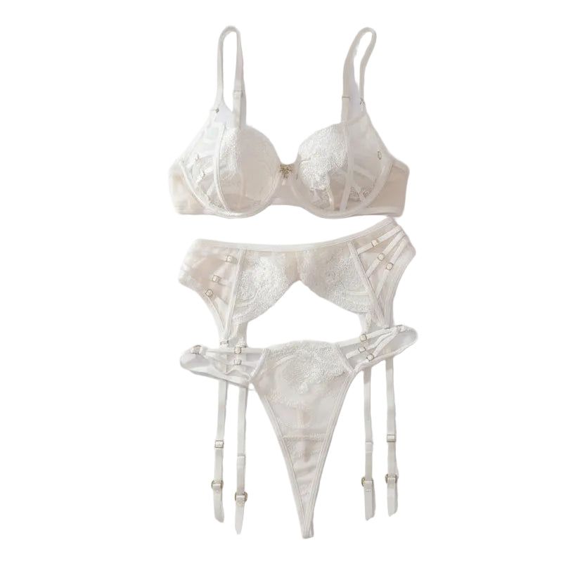 Embroidered Sexy Three-Point Style Erotic Lingerie Gathering Bra Piece Set - White - L