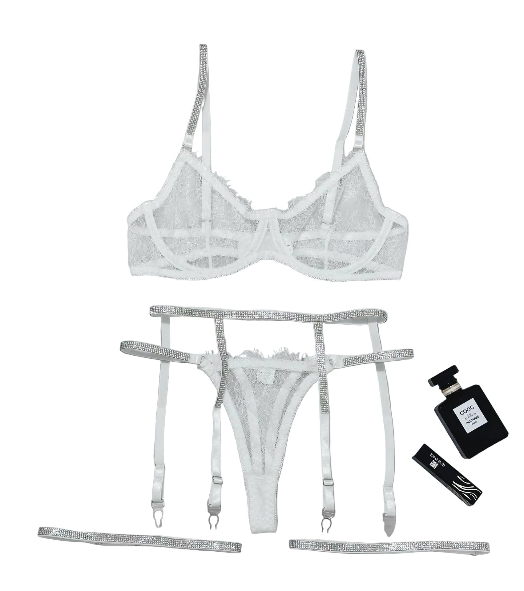 House Of Dasein Cross-Border Sexy Lingerie Lace Trim Rhinestone Transparent Thong Garter Belt Four-Piece Set - White - M