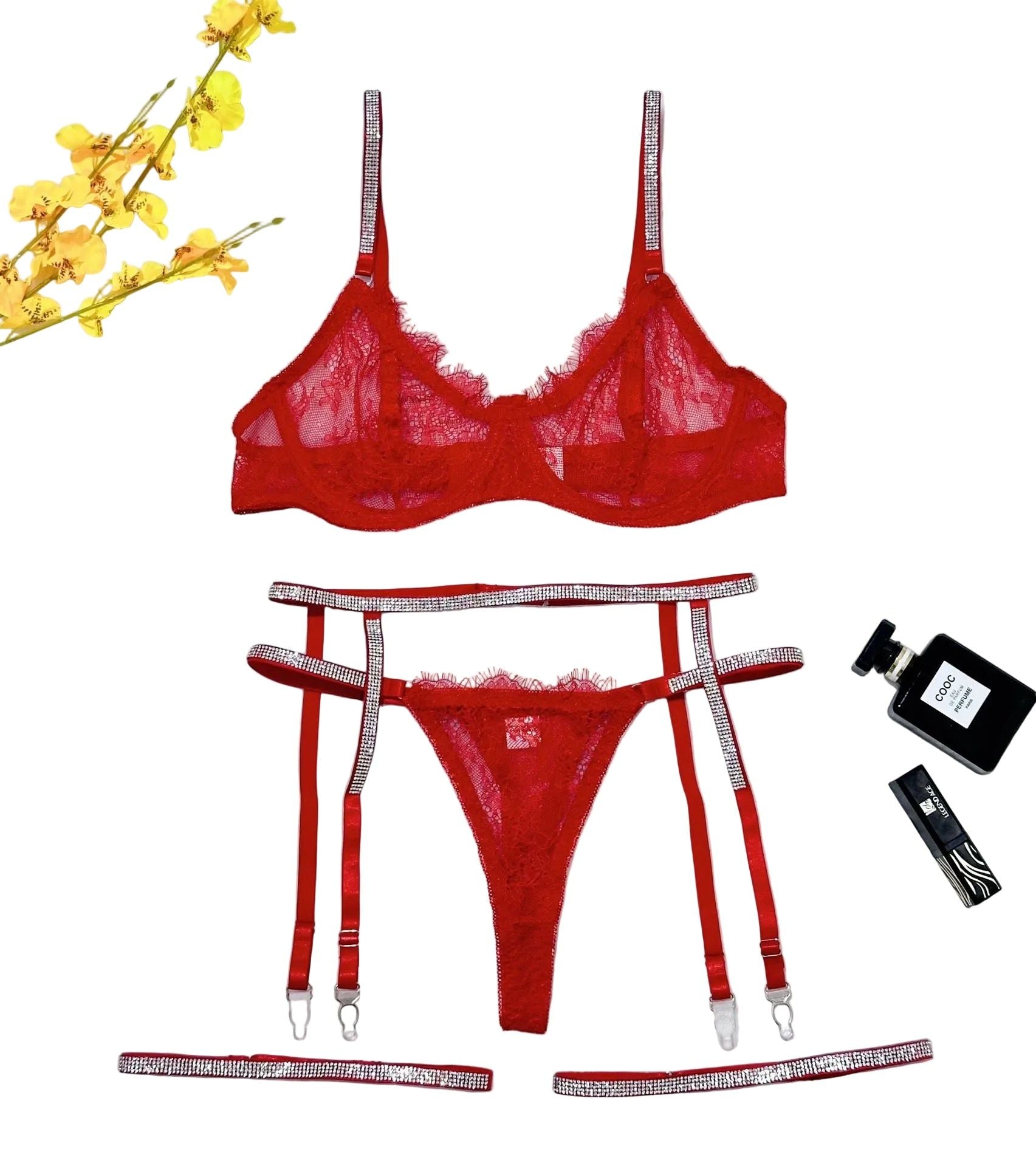 House Of Dasein Cross-Border Sexy Lingerie Lace Trim Rhinestone Transparent Thong Garter Belt Four-Piece Set - Red - S