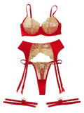 House Of Dasein Collision Pornographic Fun Embroidery Splicing Mesh Sexy Underwear Four Piece Set For Women - Golden Red - M