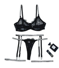 House Of Dasein Cross-Border Sexy Lingerie Lace Trim Rhinestone Transparent Thong Garter Belt Four-Piece Set - Black - L