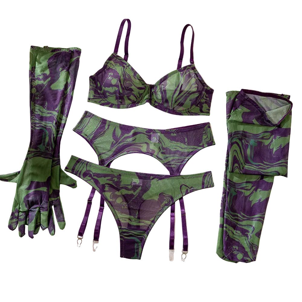 House Of Dasein Erotic Lingerie Set With Gloves And Socks - Sexy Underwear Lace Printed Fabric - Green - L
