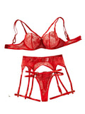 House Of Dasein Flower Embroidery Ultra Thin Perspective Sexy Underwear Four Piece Set - Red - S