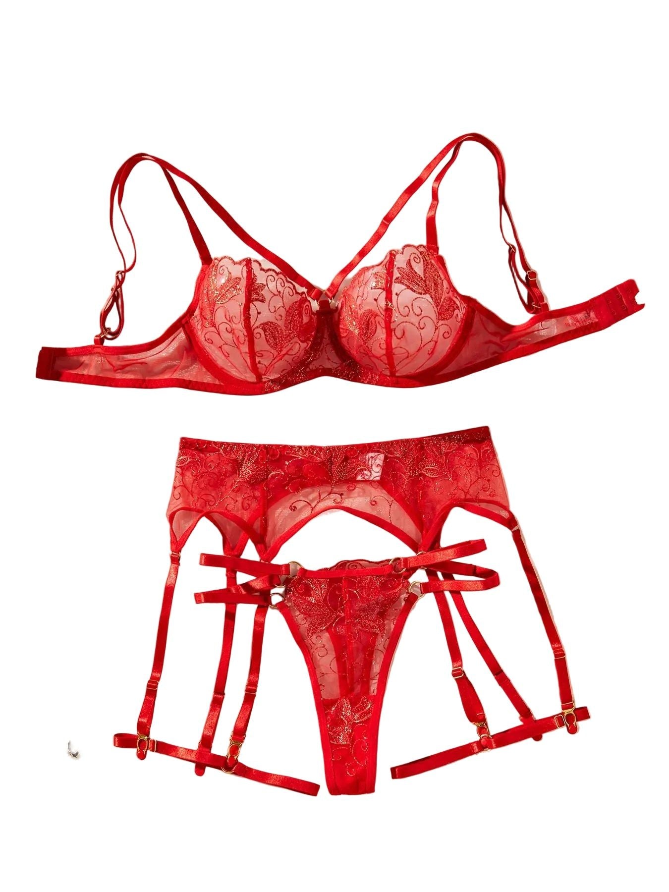 House Of Dasein Flower Embroidery Ultra Thin Perspective Sexy Underwear Four Piece Set - Red - S