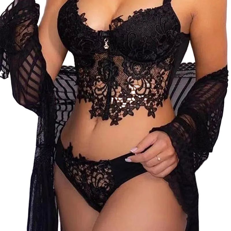 House Of Dasein Cross-Border Sexy Lingerie Seductive Three-Piece Transparent Backless Lace Trim Tempting Sleepwear Two-Piece Set - Black - S