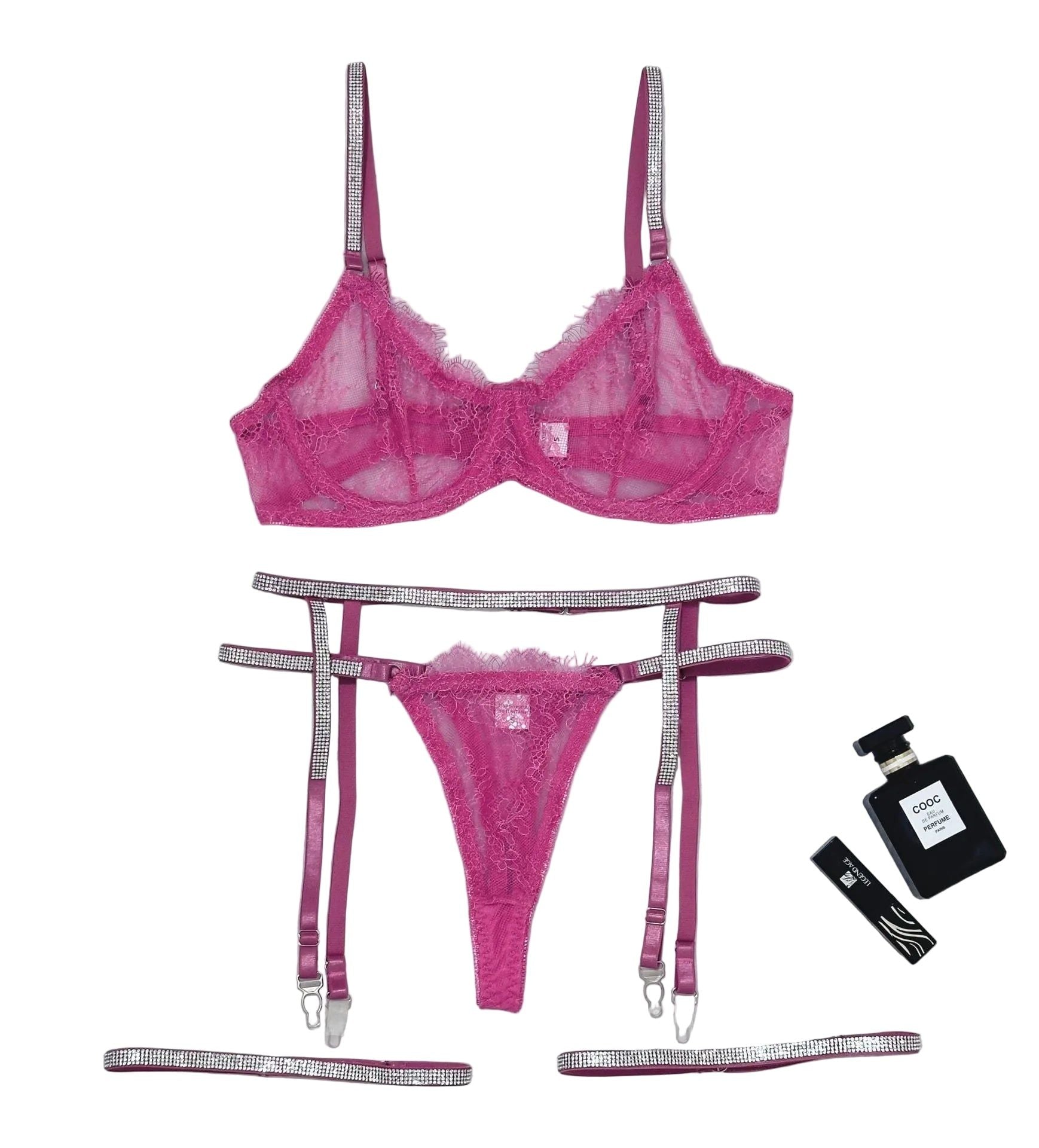 House Of Dasein Cross-Border Sexy Lingerie Lace Trim Rhinestone Transparent Thong Garter Belt Four-Piece Set - Deep Pink - L
