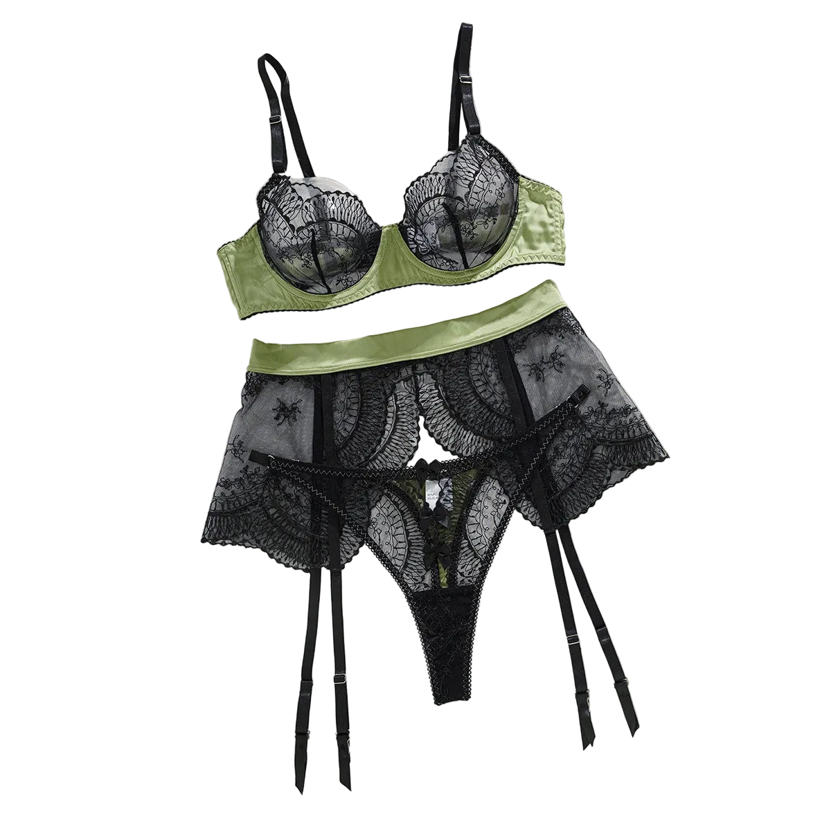 House Of Dasein Color Blocking Splicing Sexy Bra Set Mesh Transparent Hollow Out Erotic Lingerie Three Piece - Black Green - L