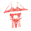 House Of Dasein Embroidered Mesh Perspective Sexy Gathering Lingerie Three Piece Set - Fluorescent Orange - M