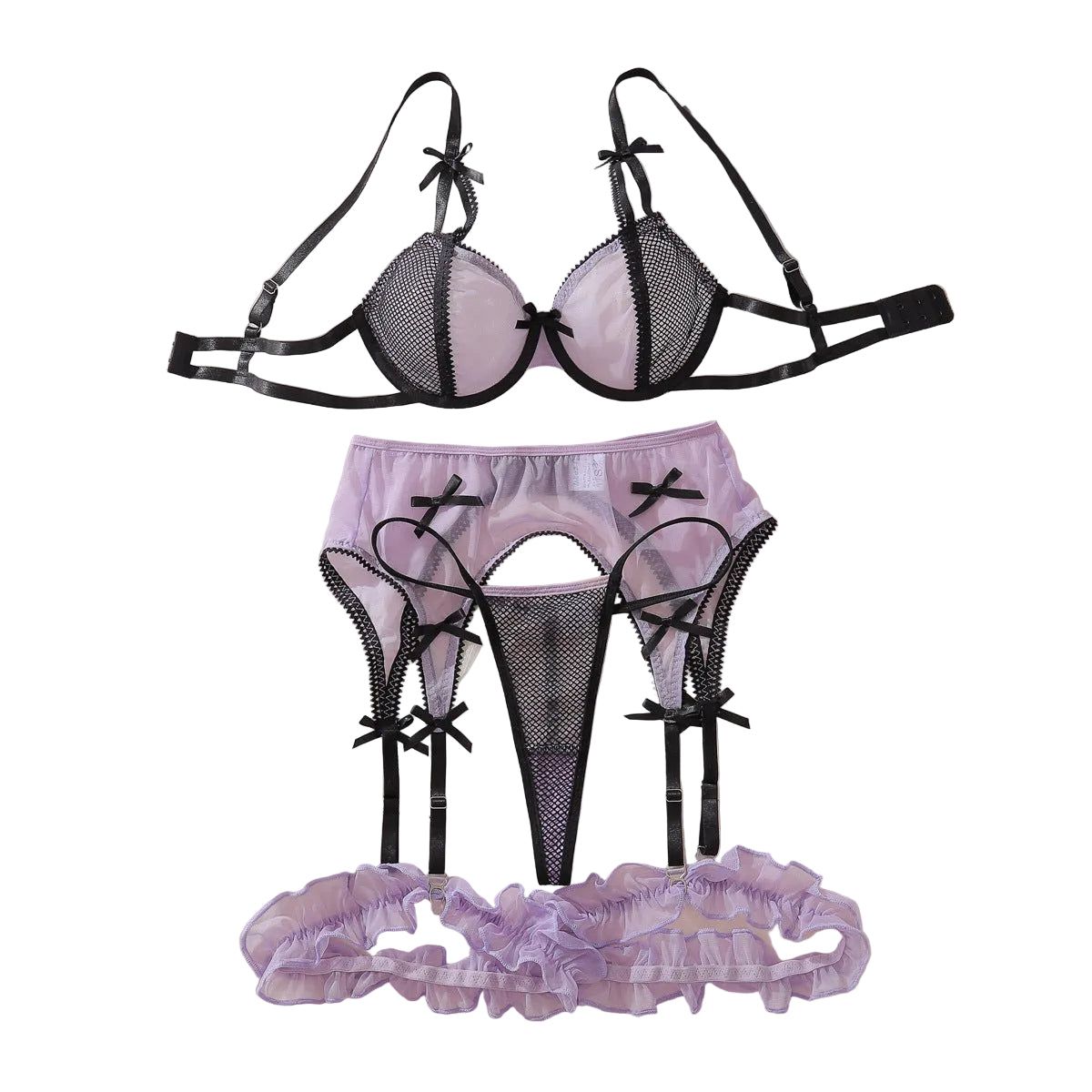 House Of Dasein Color Blocking Mesh Bra Set With Hollowed Out Perspective And Fun Lingerie Underwear 4 Piece - Dark Purple - M